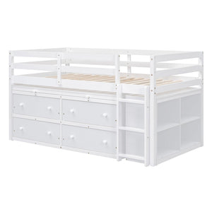 English Elm Twin Loft Bed Pinewood Frame Four Drawers Retractable Study Desk Kids Bedroom White LT000368AAK