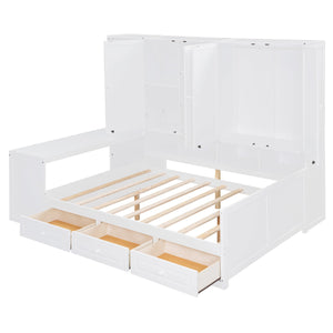 English Elm Full Size Wooden Daybed With Versatile Workspace, Three Storage Drawers, And Adjustable Shelves N820S00055K