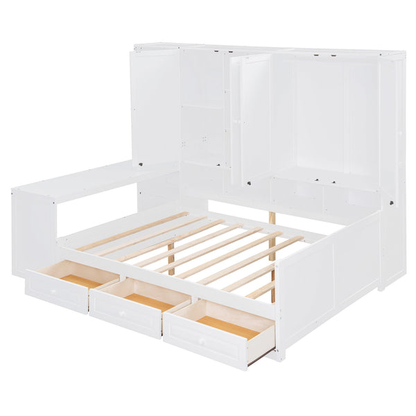 English Elm Full Size Wooden Daybed With Versatile Workspace, Three Storage Drawers, And Adjustable Shelves N820S00055K