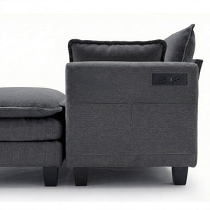 English Elm Modern Chenille Three Seat Sofa with Ottoman Usb Charging Ports and Storage Pockets Black W2519S00002