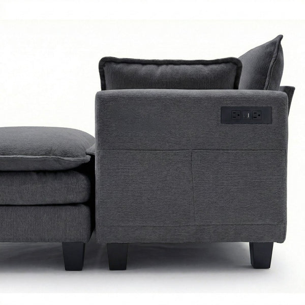English Elm Modern Chenille Three Seat Sofa with Ottoman Usb Charging Ports and Storage Pockets Black W2519S00002