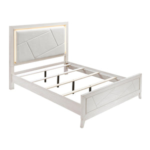 English Elm Antique White Oak Queen Bed Ivory Chenille Headboard Led Glow Geometric Modern B011S01615