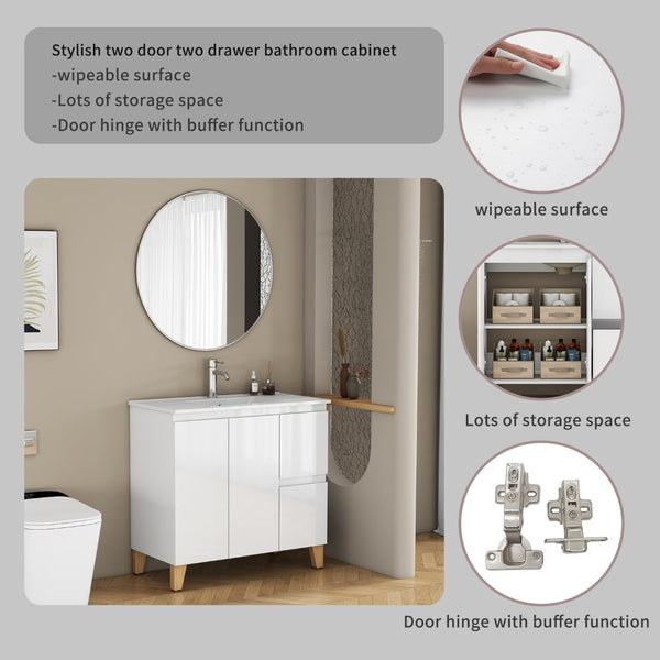 English Elm 36-inch Glossy White Bathroom Vanity with Ceramic Sink Soft Close Drawers Minimalist W3151S00068