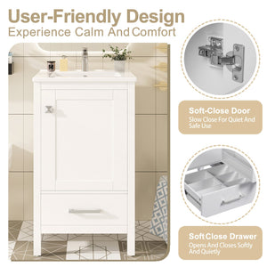 English Elm 20-Inch Compact Bathroom Vanity with Ceramic Sink, Soft-Close Storage, Divider Drawer & Easy Plumbing Access White N729P334847K