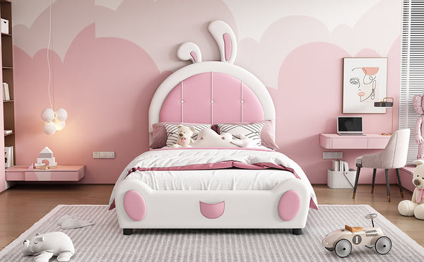 English Elm Twin Upholstered Platform Bed with Ribbit Headboard, White Pink Ears, Low-Profile Modern Frame, Cute WF323763AAK