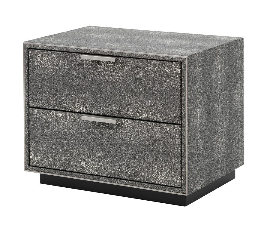 VIG Furniture Dynasty Dark Shagreen Two-Drawer Nightstand With Brushed Black Stainless Accents, Soft-Close (98) VGVCN2108-2-GRY-NS