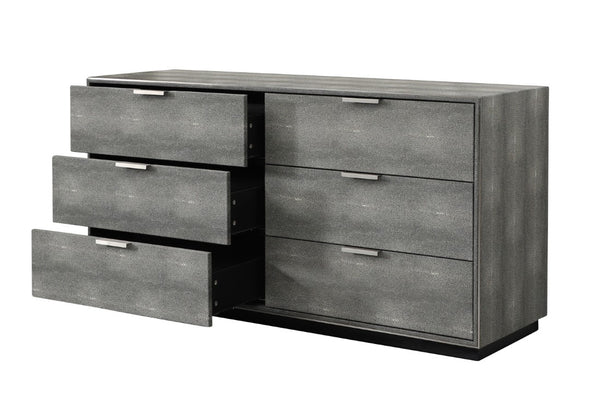 VIG Furniture Dynasty Modern Shagreen Dresser With 6 Soft-Close Drawers, Brushed Black Stainless Accents, 59" VGVCJ2108-D-GRY-DRS