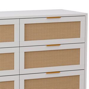 English Elm 51.18"6-Drawers Rattan Storage Cabinet with Woven Fronts, White Dresser for Bedroom & Living Room, Space-Saving Stylish Organizer W757P235127
