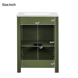 English Elm 24" Vintage Style Small Bathroom Vanity Olive Green with Ceramic Sink, Soft-Close Doors, Shelf (95) N729P292015F
