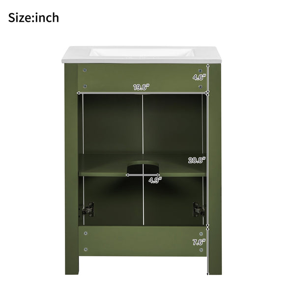 English Elm 24" Vintage Style Small Bathroom Vanity Olive Green with Ceramic Sink, Soft-Close Doors, Shelf (95) N729P292015F