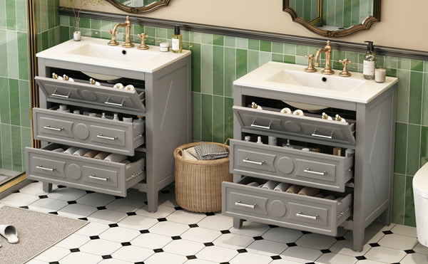 English Elm 60'' Freestanding Bathroom Vanity Set With Ceramic Sink, Gray Wood Frame & 3 Soft-Close Drawers N710SS00003E