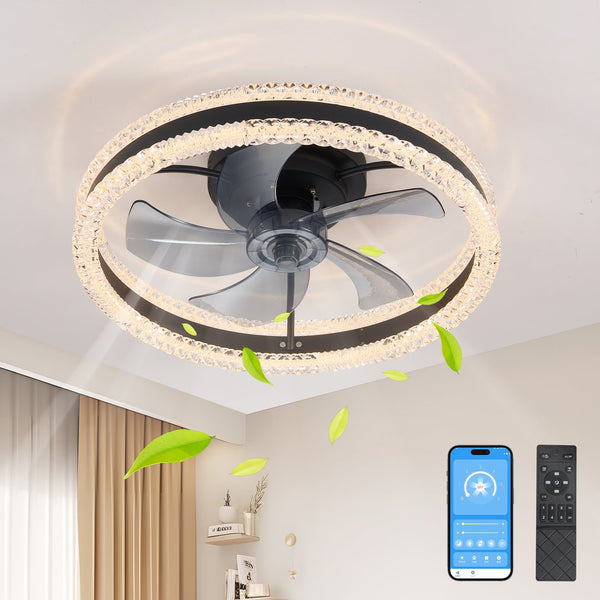 English Elm 20" Luxury Double Ring LED Ceiling Fan with Crystal Flush Mount, Hidden Blades, Dimmable Remote & App Control Black W2312P368710