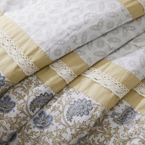 English Elm 9 Piece Cotton Percale Comforter Set - Chic Yellow Queen Ensemble With Vintage Paisley & Pillows B03597196