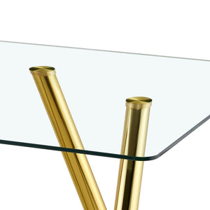 English Elm 71-inch Tempered Glass Dining Table Electroplated Metal Base Open Airy Modern Style Gold W3875S00006