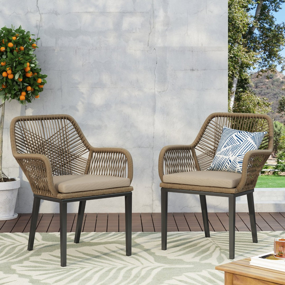 English Elm Outdoor Wicker Patio Chairs Set of 2 with Iron Frame for Deck or Garden Lounging N769P334783A