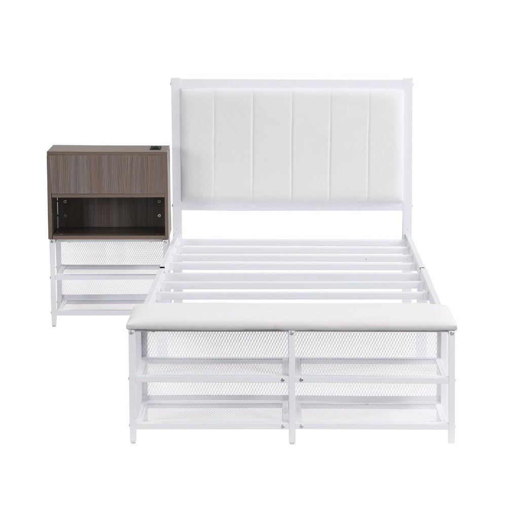 English Elm Twin Metal Platform Bed With Cushioned Footrest, Two-Tier Shelves & Wooden Storage Cabinet, White N737P199330K-GIGA