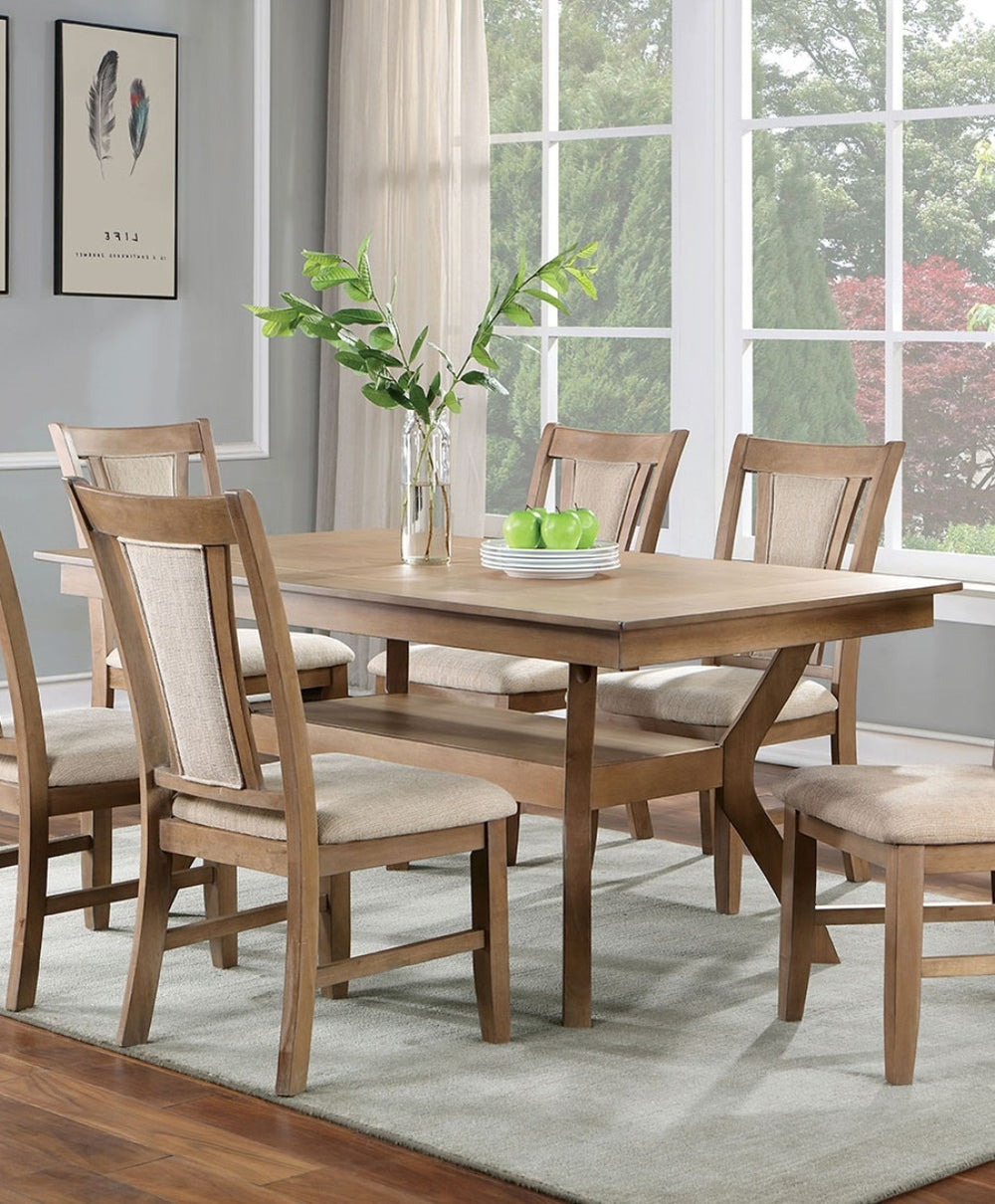 English Elm Modern Natural Tone Dining Table with Open Lower Shelf, 64"L x 38"W Sturdy Curved Legs & Warm Finish B2741P327421