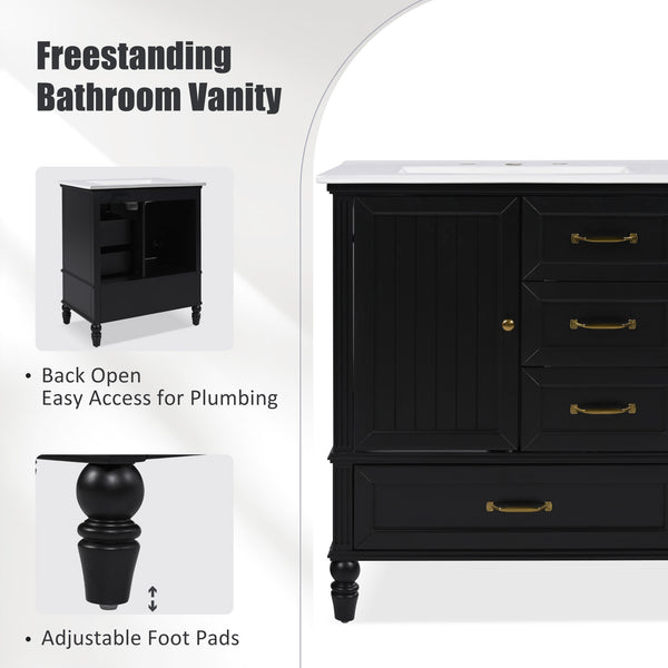English Elm Christopher Knight Home® - 30" Bathroom Vanity with Ceramic Sink, Acacia & MDF Cabinet, Soft-Close Door & Drawers Black N759P346895B
