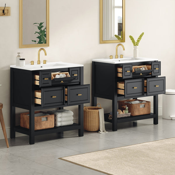 English Elm 60'' Elegant Freestanding Bathroom Vanity Set With Ceramic Sink, Solid Wood Frame & Ample Storage N710SS00004B