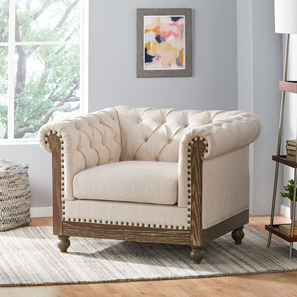 English Elm Christopher Knight Home® - CLUB Club Chair Chesterfield-Inspired Tufted PU Upholstery with Nailhead Trim, Scrolled Arms, Turned Legs Beige 39.25 L x 34.25 W x 25 H 72069.00FBGE