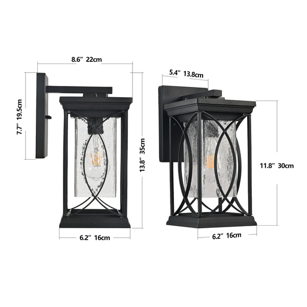 English Elm 14"(H) Black Outdoor Wall Lantern with Crackled Glass - Weatherproof Modern Porch Sconce, E26 Ready, Durable Metal Frame W2312P374978