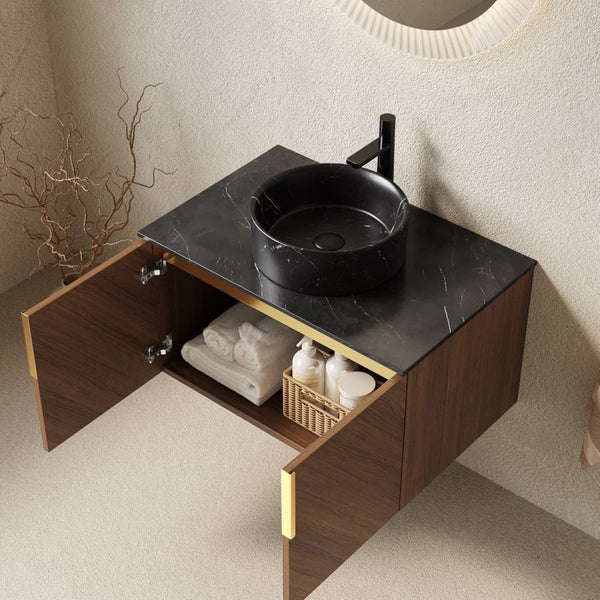English Elm Muri Floating Bathroom Vanity Plywood Cabinet Sintered Stone Top Oak Drawer W2615S00549