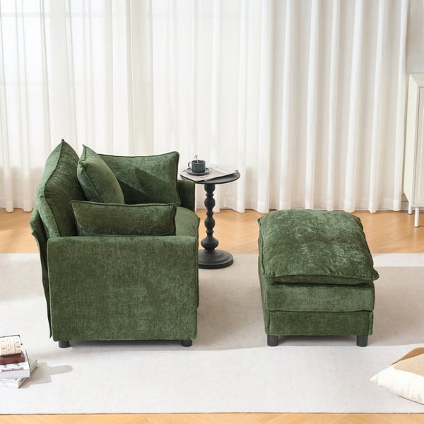 English Elm 39.4" Chenille Club Chair with Ottoman Solid Wood Frame Contemporary Living Room Seat Green W3244P427726