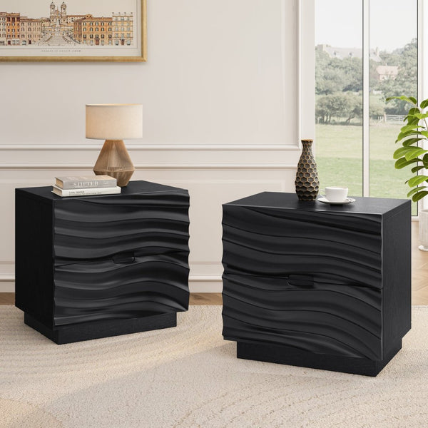 English Elm Farmhouse Nightstand Pine Wood Four Drawer Storage with Pull Out Tray Gourd Legs Black W1716P391020