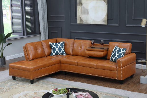 English Elm Black Faux Leather L Shaped Sectional with Cup Holders Nailhead Trim Storage Ginger B2730S00027