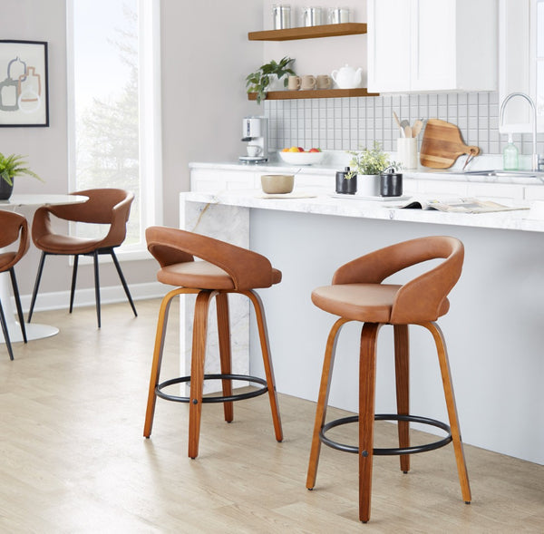 English Elm Fixed-height Swivel Counterstools Mahogany Wood Chrome Footrest Velvet Seat Set of 2 Camel B202S01774
