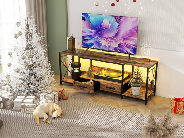 English Elm There TV Stand with LED Lights, Power Outlets & 2 Fabric Drawers for 55-75" TVs, App-Controlled Ambience and Ample Storage Light Brown Multi W2977P224347