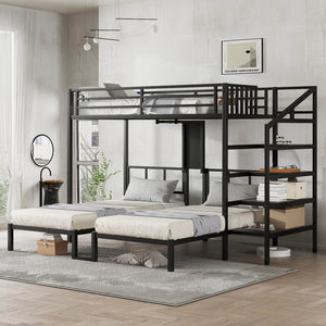 English Elm Twin Bunk Beds For 3 With Desk & Shelves, Space-Saving Metal Triple Bunk Bed, Noise Reduction, Black W1580S00116-GIGA