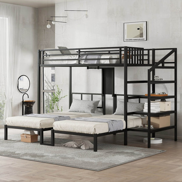 English Elm Twin Bunk Beds For 3 With Desk & Shelves, Space-Saving Metal Triple Bunk Bed, Noise Reduction, Black W1580S00116-GIGA