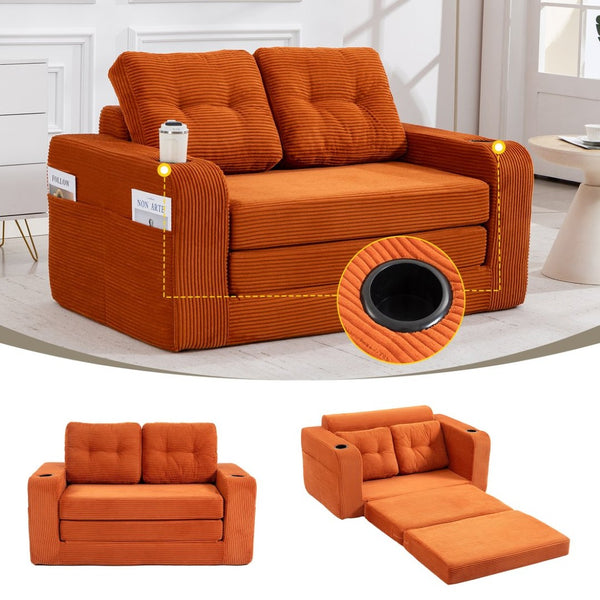 English Elm Convertible Floor Sofa Bed with Memory Foam and Ribbed Corduroy for Small Spaces Orange W395P438028
