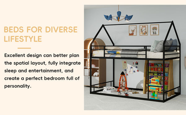 English Elm Metal Twin over Twin Bunk Bed Sturdy Heavy-Duty Frame with Silent Slats, 13" Guardrail & Ladder Black W1935P330797