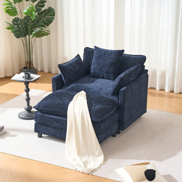 English Elm 39.4" Chenille Club Chair with Ottoman Solid Wood Frame Contemporary Living Room Seat Blue W3244P427715