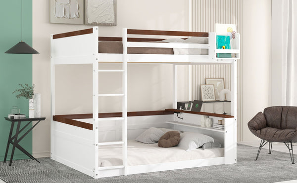 English Elm Queen Size Wooden Bunk Bed With Storage, Led Light, Usb Charging & Shelves For Modern Living Space N7090005006K-GIGA