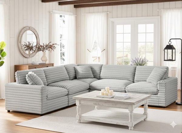 English Elm Jenny Plush 5-Piece Modular Sectional in Gray Cord-Like Fabric — Ultra-Soft, Reversible Cushions, Configurable Comfort 41x41x35 B050S00021
