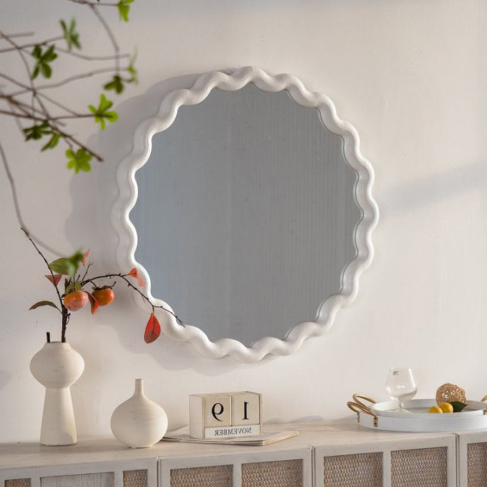 English Elm White Matte Scalloped Round Mirror Petal Wavy Frame for Bedroom or Bathroom W3081P391521