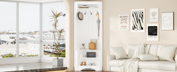 English Elm Minimalist White Corner Hall Tree with Bench Shoe Storage and Four Entryway Hooks N721P401788K