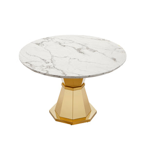 English Elm 47" Round Marble Dining Table - Luxurious High Gloss Faux Marble Top & Stainless Steel Base For Modern Spaces W3456S00005