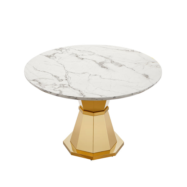 English Elm 47" Round Marble Dining Table - Luxurious High Gloss Faux Marble Top & Stainless Steel Base For Modern Spaces W3456S00005