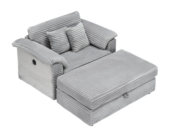 English Elm 47.24-inch corduroy armchair with storage ottoman and USB ports, spring seat, solid wood frame lounge Gray W3356S00021