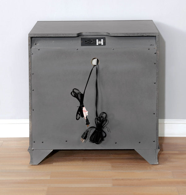 English Elm 3 Drawers Wooden Nightstand With Usb Outlet, Antique Hardware & Under-Nightlight In Gray Finish B016P251471