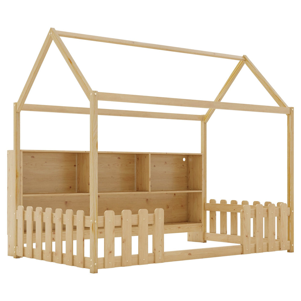 English Elm Twin House Bed with LED Light and Built-In Bookshelf, Solid Wood Playhouse Design for Kids Safety Natural 78.15 L x 15.75 W x 6.1 H W2593P269092