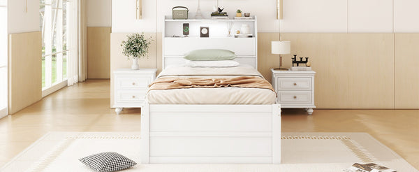 English Elm Twin Size Wooden Platform Bed With Trundle, Usb Ports, Led Light, Storage Headboard & Drawers N820S00008K-GIGA