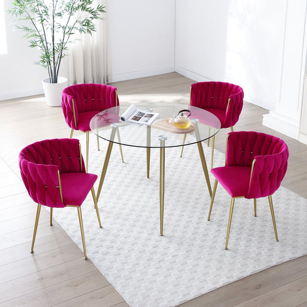 English Elm Modern Velvet Dining Chairs Set of 2 - Upholstered Woven Backrest, Arc Design, Gold Metal Legs for Dining Room, Kitchen, Vanity, Living Space W1117P145347