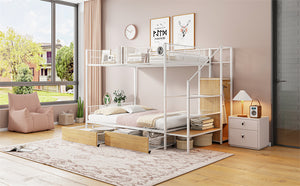 English Elm Twin Metal Bunk Bed Twin-Over-Full with Built-In Drawer, Ladder Storage, Wardrobe & Trundle Utility White SF000174AAK