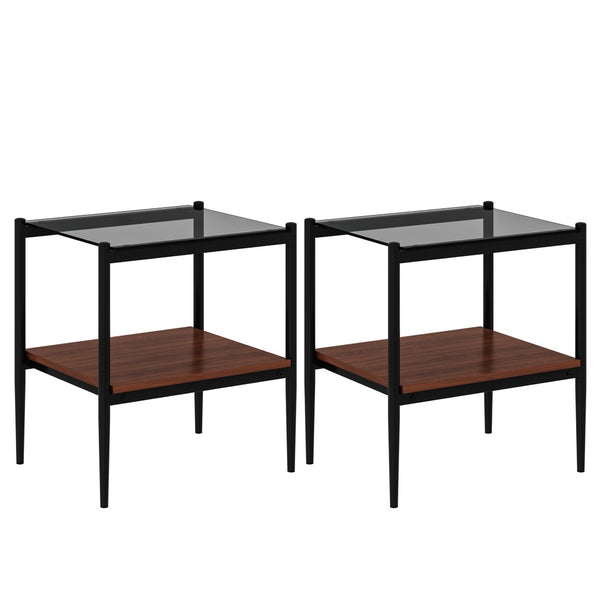 English Elm Set Of 2 Modern Rectangle End Tables With Gray Glass Top, Mdf Storage Shelf & Sturdy Iron Legs W241P184249-GIGA