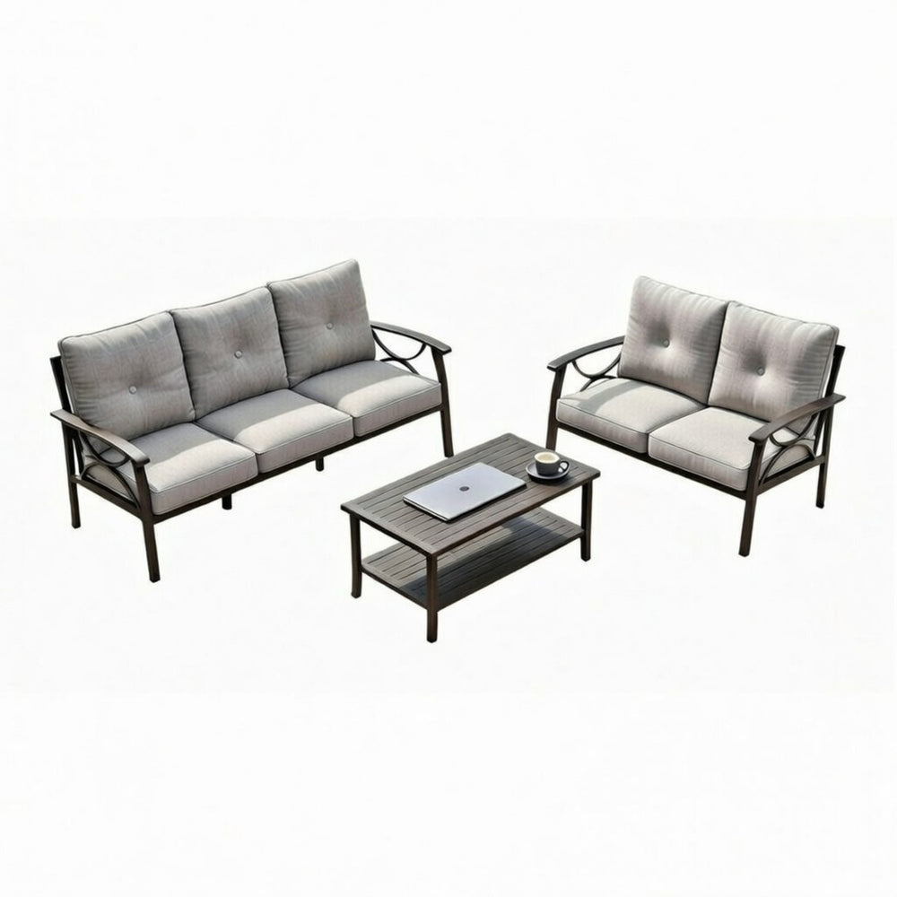 English Elm 3-piece Outdoor Steel Patio Conversation Set with Thick Cushions and Coffee Table Gray B082S00129